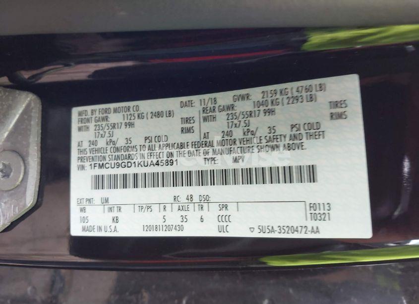 Photo 9 of 2019 Ford Escape SE (VIN 1FMCU9GD1KUA45891)