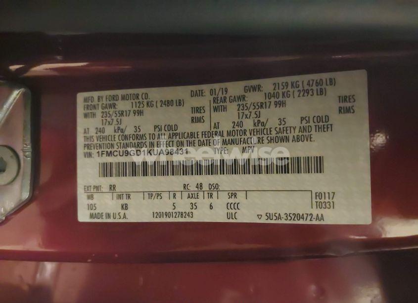 Photo 9 of 2019 Ford Escape SE (VIN 1FMCU9GD1KUA98431)