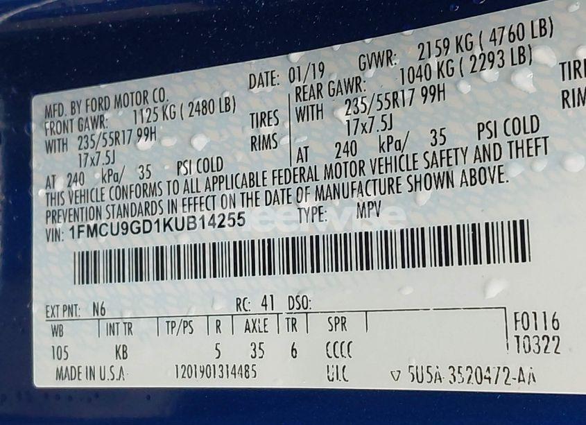 Photo 9 of 2019 Ford Escape SE (VIN 1FMCU9GD1KUB14255)