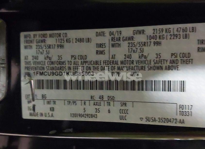 Photo 9 of 2019 Ford Escape SE (VIN 1FMCU9GD1KUB85603)