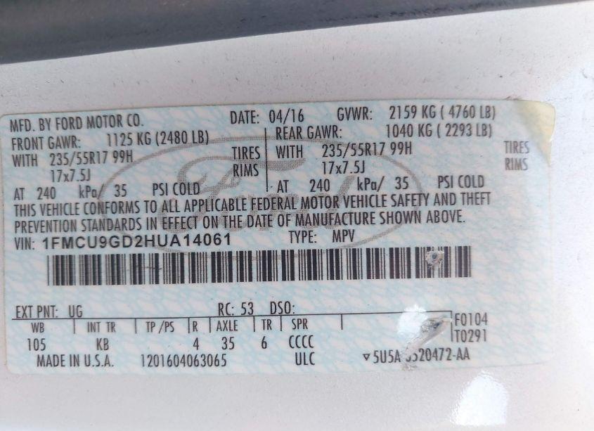 Photo 9 of 2017 Ford Escape SE (VIN 1FMCU9GD2HUA14061)