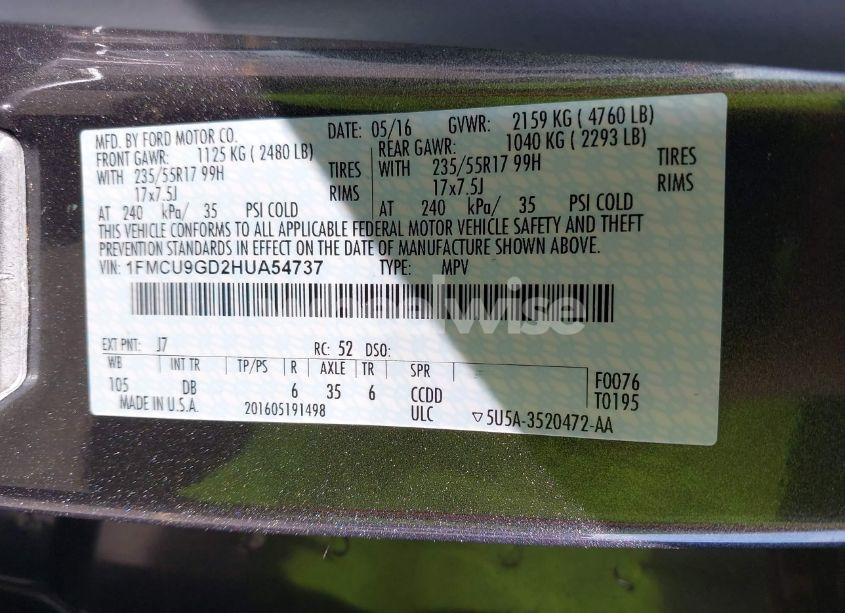 Photo 9 of 2017 Ford Escape SE (VIN 1FMCU9GD2HUA54737)