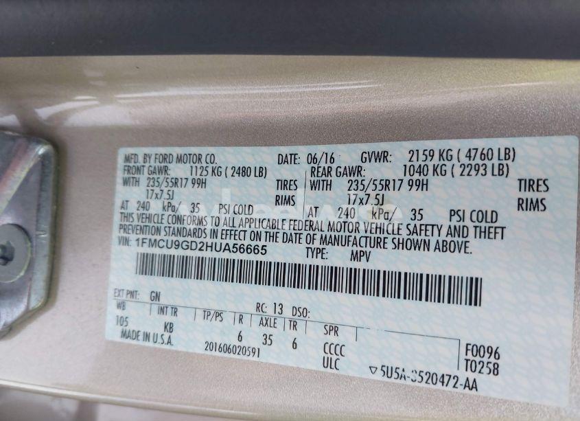 Photo 9 of 2017 Ford Escape SE (VIN 1FMCU9GD2HUA56665)