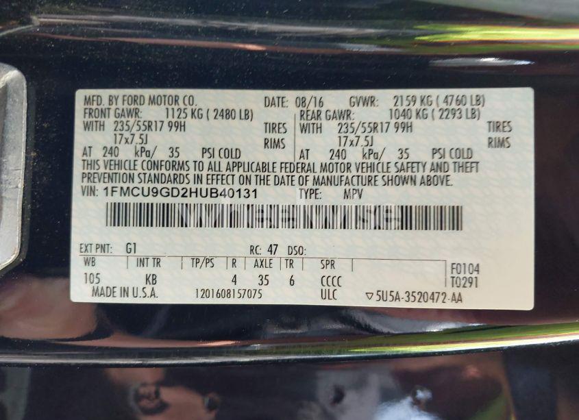 Photo 9 of 2017 Ford Escape SE (VIN 1FMCU9GD2HUB40131)