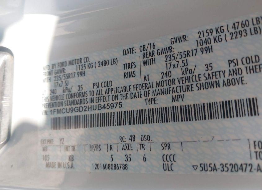 Photo 9 of 2017 Ford Escape SE (VIN 1FMCU9GD2HUB45975)