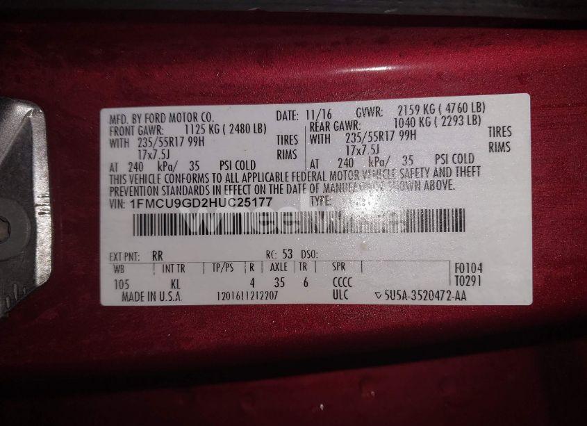 Photo 9 of 2017 Ford Escape SE (VIN 1FMCU9GD2HUC25177)