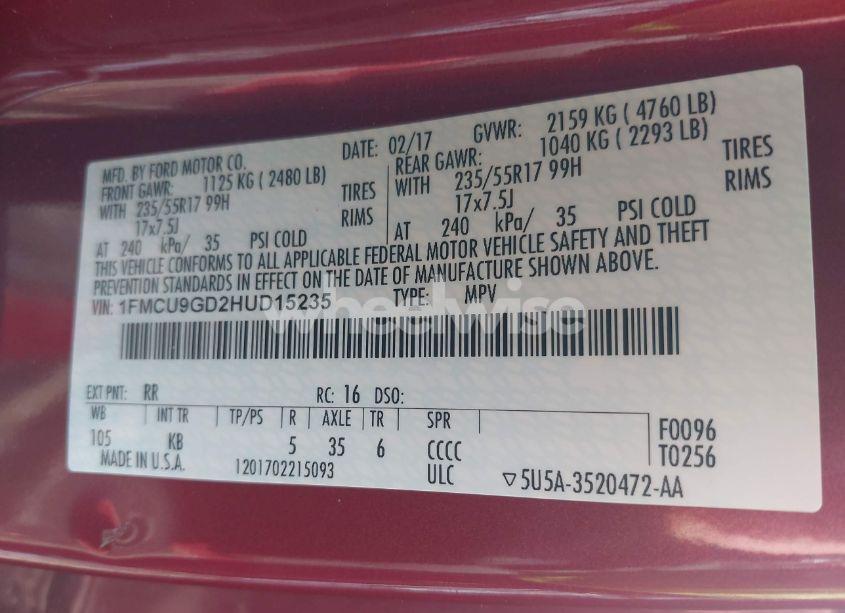 Photo 9 of 2017 Ford Escape SE (VIN 1FMCU9GD2HUD15235)