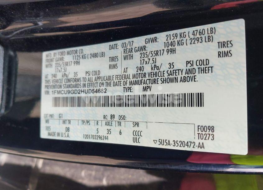 Photo 9 of 2017 Ford Escape SE (VIN 1FMCU9GD2HUD54682)