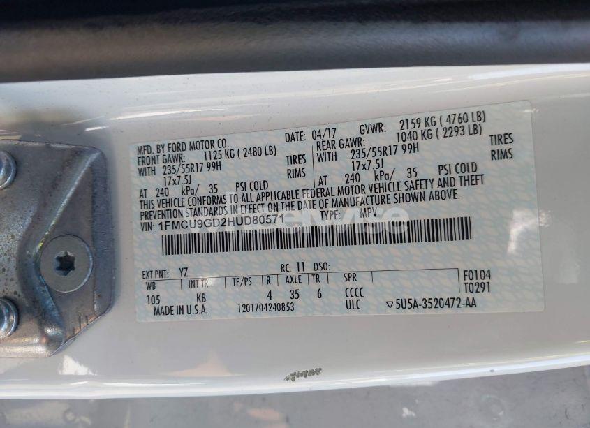 Photo 9 of 2017 Ford Escape SE (VIN 1FMCU9GD2HUD80571)