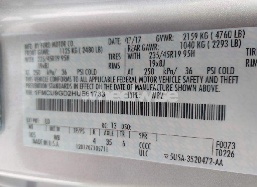 Photo 9 of 2017 Ford Escape SE (VIN 1FMCU9GD2HUE61733)