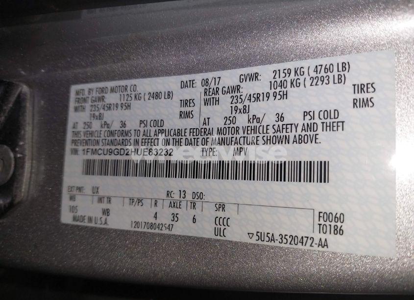 Photo 9 of 2017 Ford Escape SE (VIN 1FMCU9GD2HUE83232)