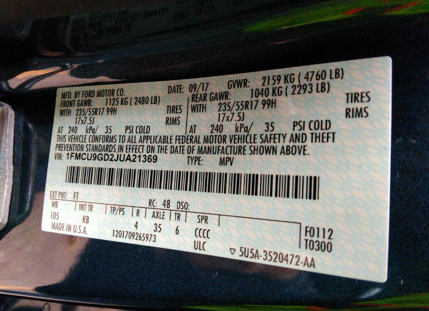 Photo 9 of 2018 Ford Escape SE (VIN 1FMCU9GD2JUA21369)