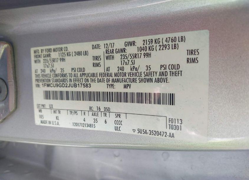 Photo 9 of 2018 Ford Escape SE (VIN 1FMCU9GD2JUB17583)