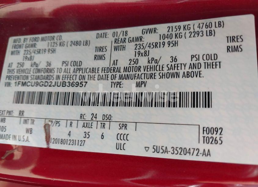 Photo 9 of 2018 Ford Escape SE (VIN 1FMCU9GD2JUB36957)