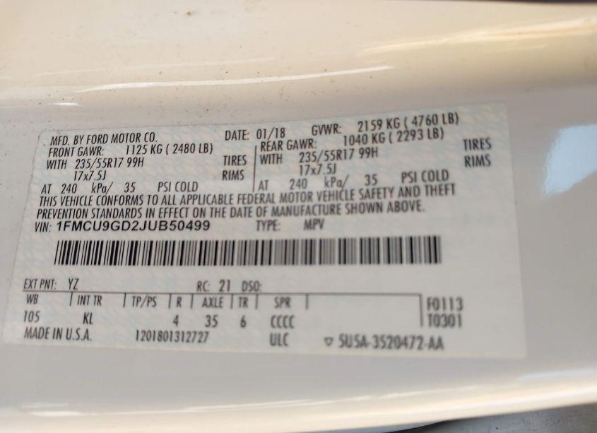 Photo 9 of 2018 Ford Escape SE (VIN 1FMCU9GD2JUB50499)