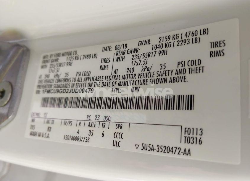 Photo 9 of 2018 Ford Escape SE (VIN 1FMCU9GD2JUD00479)