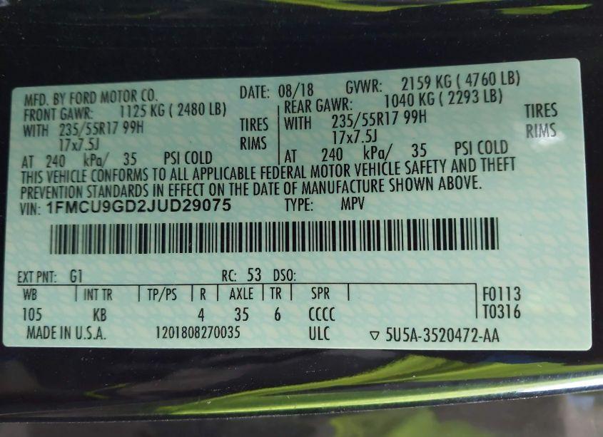 Photo 9 of 2018 Ford Escape SE (VIN 1FMCU9GD2JUD29075)