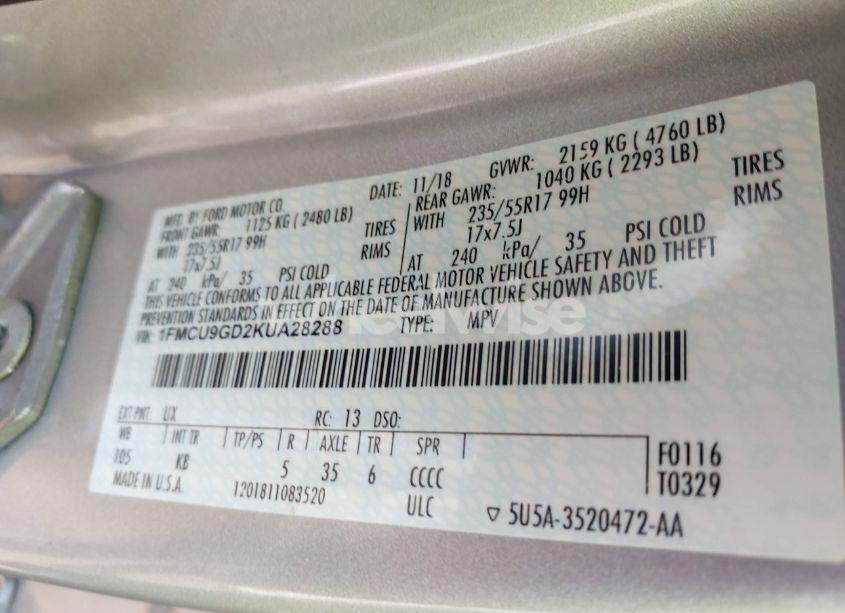 Photo 9 of 2019 Ford Escape SE (VIN 1FMCU9GD2KUA28288)