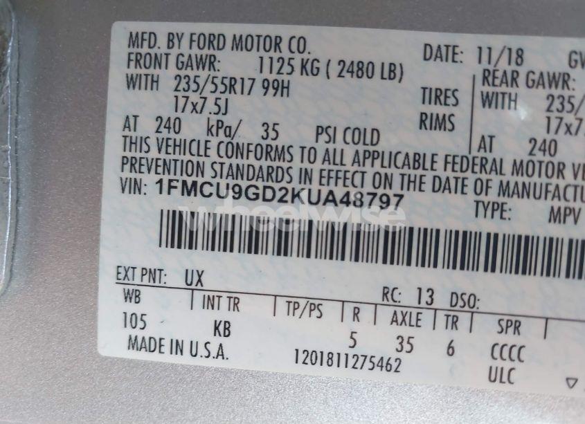 Photo 9 of 2019 Ford Escape SE (VIN 1FMCU9GD2KUA48797)