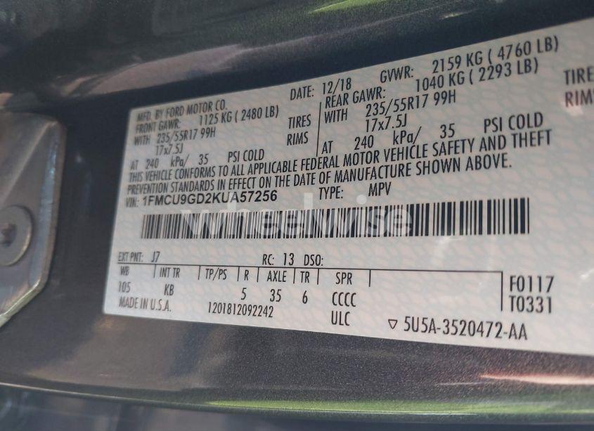 Photo 9 of 2019 Ford Escape SE (VIN 1FMCU9GD2KUA57256)