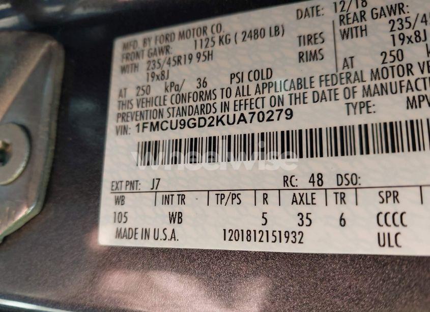 Photo 9 of 2019 Ford Escape SE (VIN 1FMCU9GD2KUA70279)