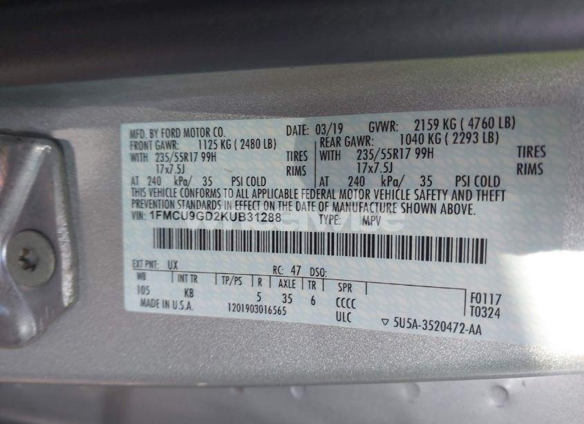 Photo 9 of 2019 Ford Escape SE (VIN 1FMCU9GD2KUB31288)