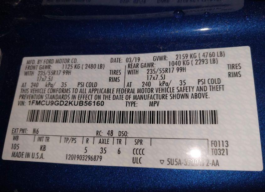 Photo 9 of 2019 Ford Escape SE (VIN 1FMCU9GD2KUB56160)