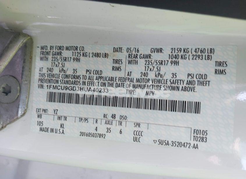 Photo 9 of 2017 Ford Escape SE (VIN 1FMCU9GD3HUA40233)