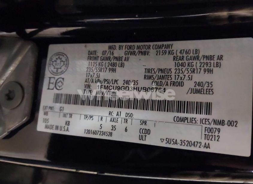 Photo 9 of 2017 Ford Escape SE (VIN 1FMCU9GD3HUB06764)