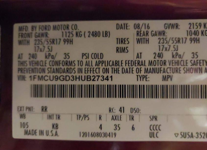 Photo 9 of 2017 Ford Escape SE (VIN 1FMCU9GD3HUB27341)