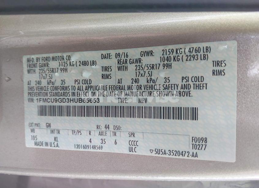 Photo 9 of 2017 Ford Escape SE (VIN 1FMCU9GD3HUB65653)