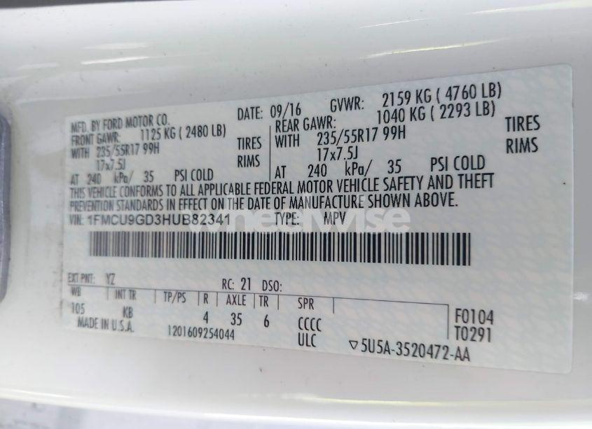 Photo 9 of 2017 Ford Escape SE (VIN 1FMCU9GD3HUB82341)