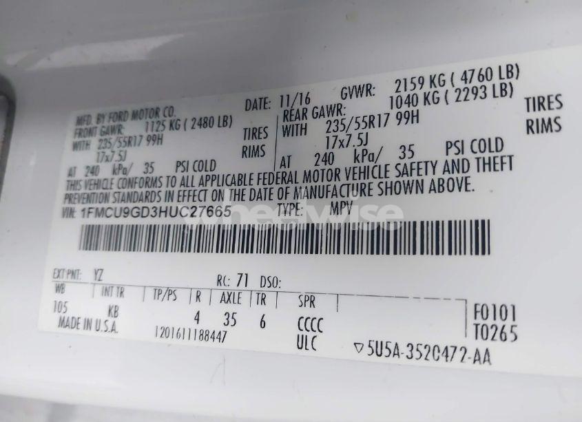 Photo 9 of 2017 Ford Escape SE (VIN 1FMCU9GD3HUC27665)