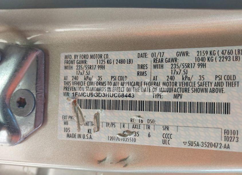 Photo 9 of 2017 Ford Escape SE (VIN 1FMCU9GD3HUC68443)