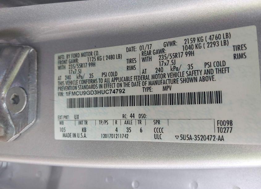 Photo 9 of 2017 Ford Escape SE (VIN 1FMCU9GD3HUC74792)