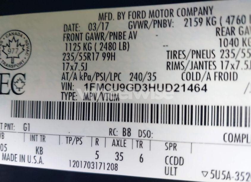 Photo 9 of 2017 Ford Escape SE (VIN 1FMCU9GD3HUD21464)