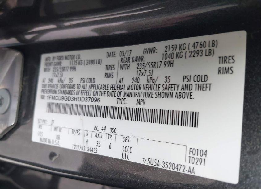 Photo 9 of 2017 Ford Escape SE (VIN 1FMCU9GD3HUD37096)