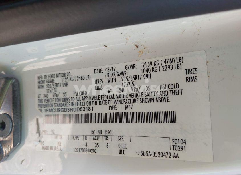 Photo 9 of 2017 Ford Escape SE (VIN 1FMCU9GD3HUD52181)