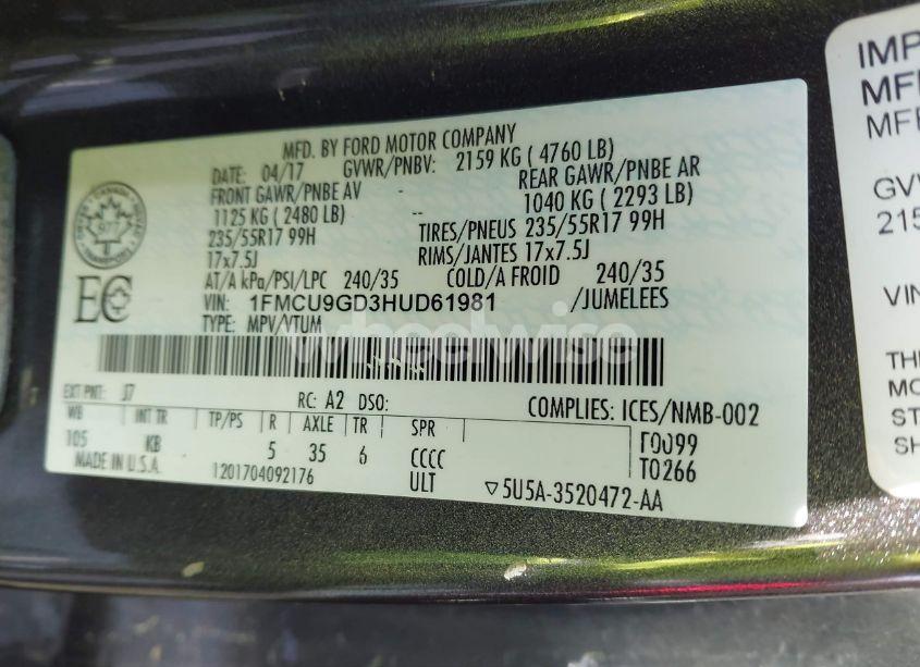 Photo 9 of 2017 Ford Escape SE (VIN 1FMCU9GD3HUD61981)