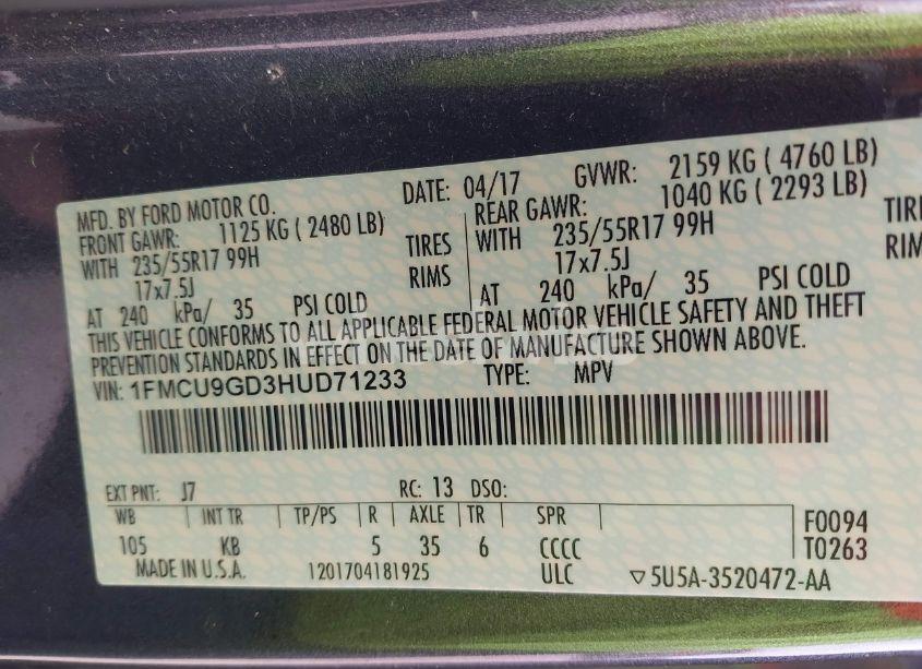 Photo 9 of 2017 Ford Escape SE (VIN 1FMCU9GD3HUD71233)