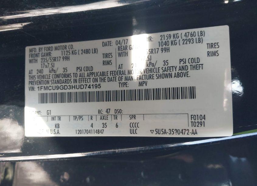 Photo 9 of 2017 Ford Escape SE (VIN 1FMCU9GD3HUD74195)