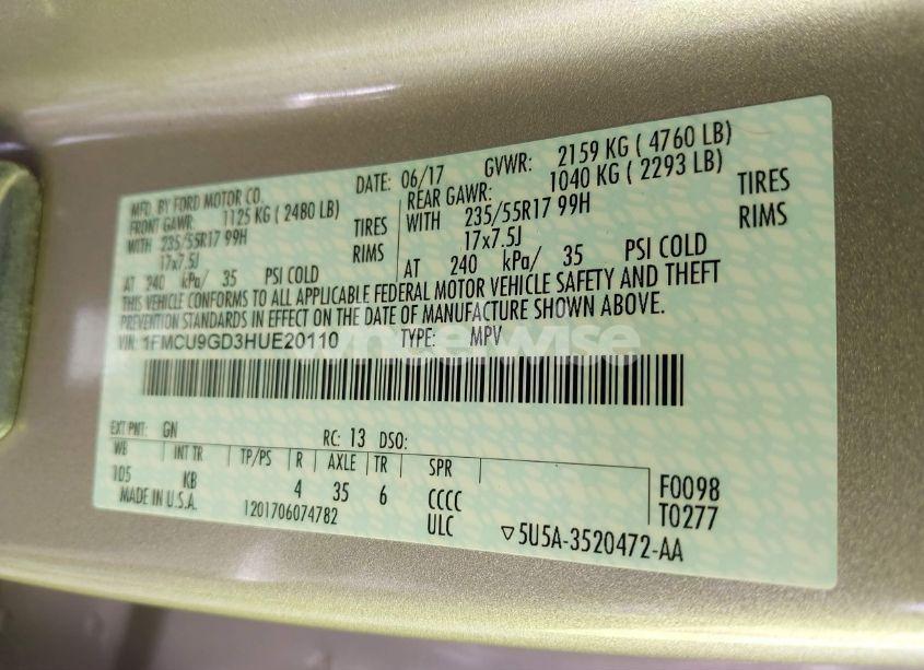 Photo 9 of 2017 Ford Escape SE (VIN 1FMCU9GD3HUE20110)