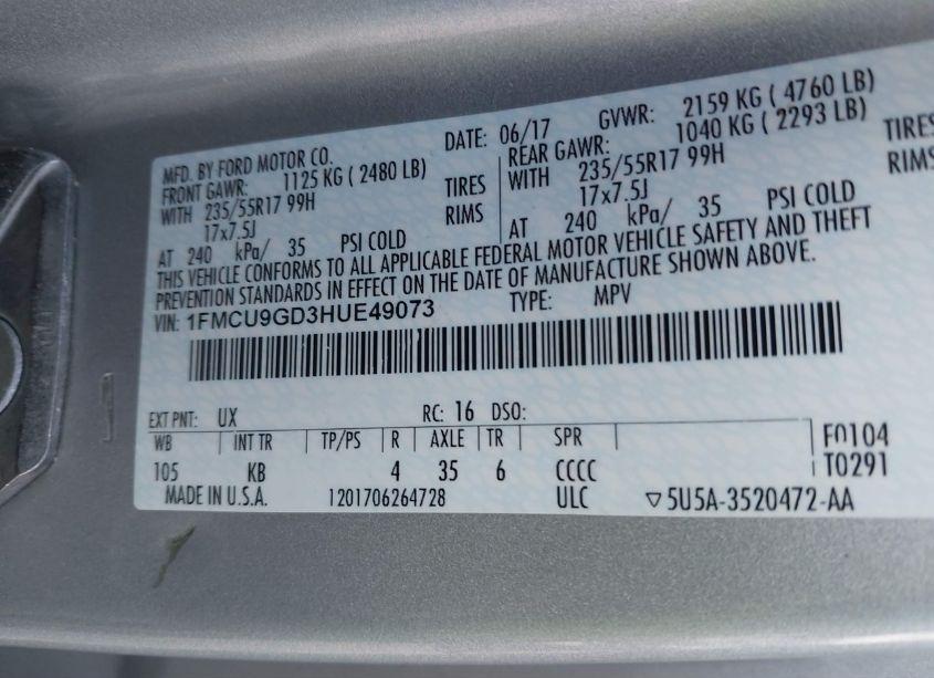 Photo 9 of 2017 Ford Escape SE (VIN 1FMCU9GD3HUE49073)