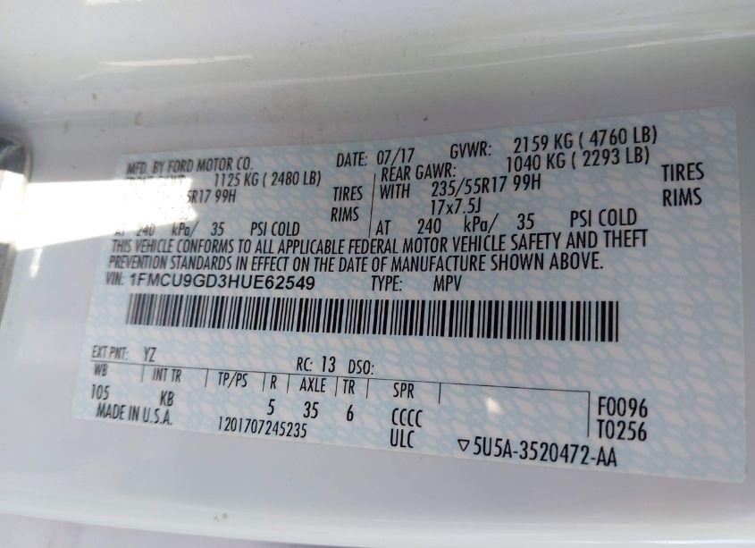 Photo 9 of 2017 Ford Escape SE (VIN 1FMCU9GD3HUE62549)