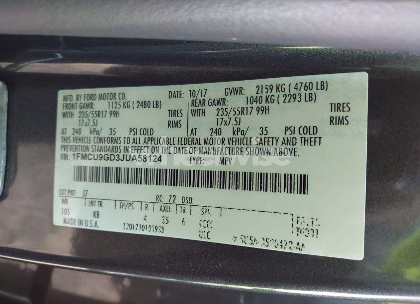 Photo 9 of 2018 Ford Escape SE (VIN 1FMCU9GD3JUA58124)