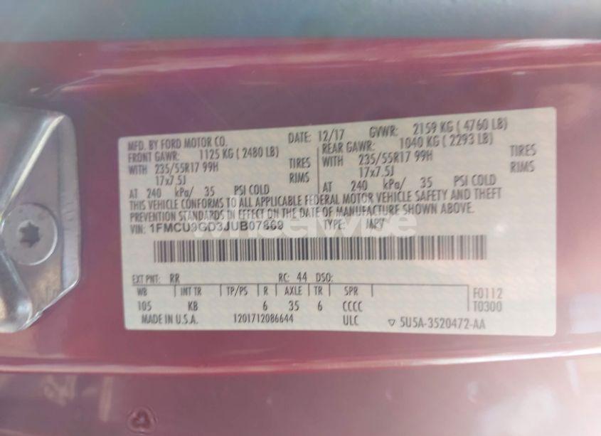 Photo 9 of 2018 Ford Escape SE (VIN 1FMCU9GD3JUB07869)