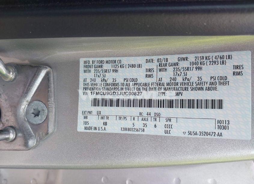 Photo 9 of 2018 Ford Escape SE (VIN 1FMCU9GD3JUC00827)