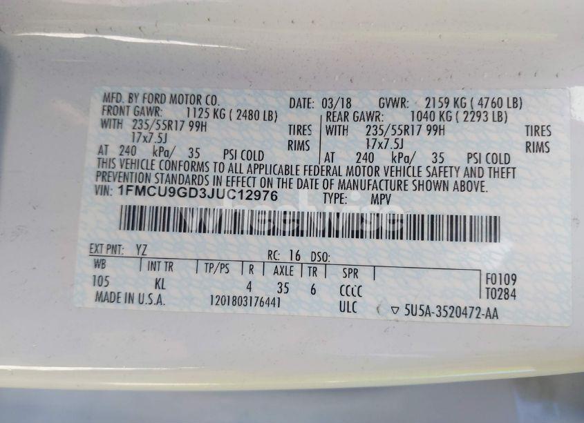 Photo 9 of 2018 Ford Escape SE (VIN 1FMCU9GD3JUC12976)