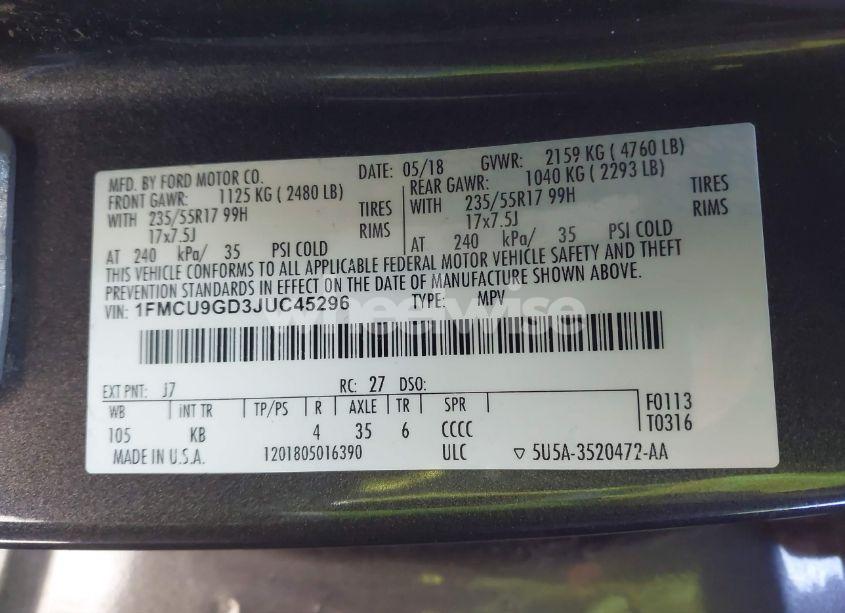 Photo 9 of 2018 Ford Escape SE (VIN 1FMCU9GD3JUC45296)