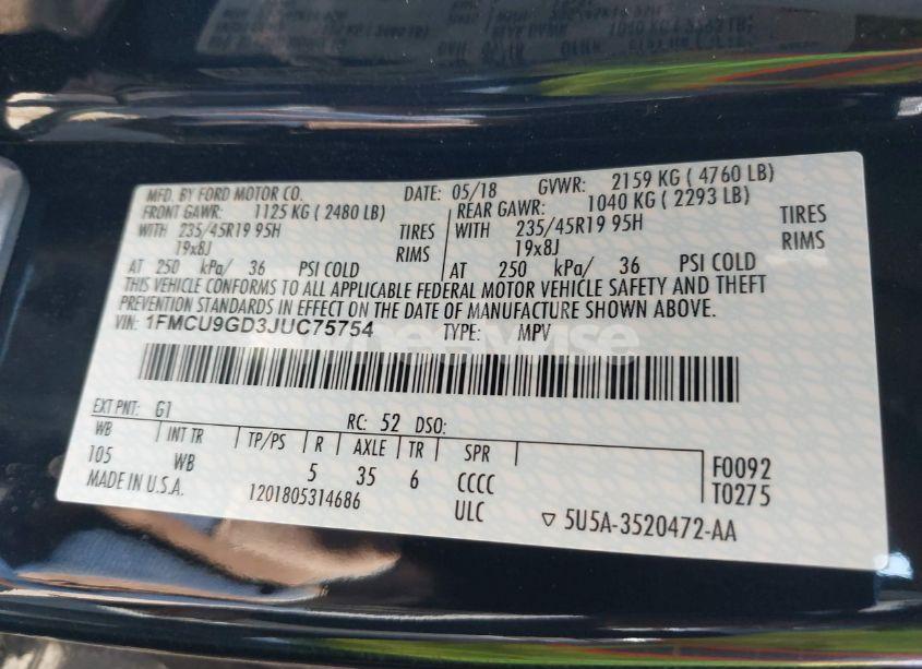 Photo 9 of 2018 Ford Escape SE (VIN 1FMCU9GD3JUC75754)